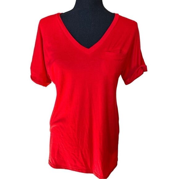 NWT Davenil Red V-Neck Cuffed Short Sleeved T-Shirt Sz Small - Picture 1 of 5